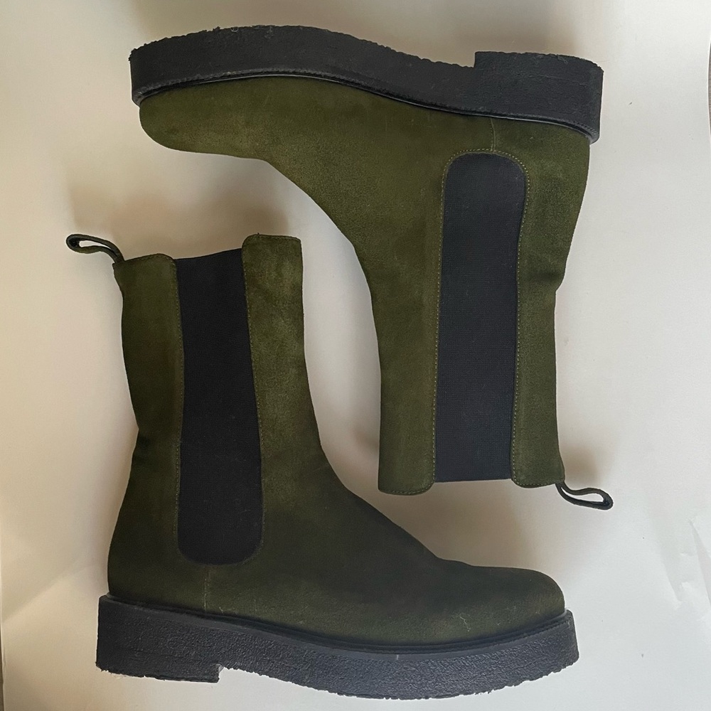 STAUD Olive Green Suede Chelsea Ankle Boots